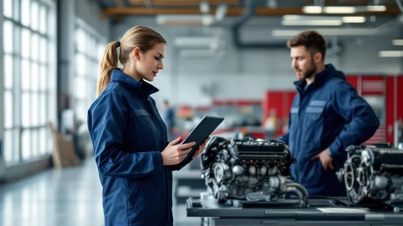 Ausbilder in einer Stuttgarter Automobil-Werkstatt unterweist einen Mechatroniker-Azubi