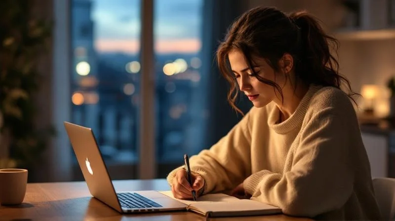 Frau studiert abends am Laptop in einem modernen Stuttgarter Wohnzimmer