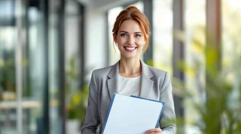 Frau haelt ein IHK-Zertifikat in einem hellen Buero in Stuttgart