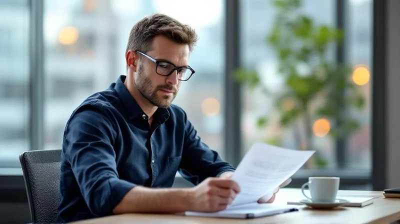 Mann studiert Weiterbildungsunterlagen am Schreibtisch mit Blick auf Stuttgarter Skyline