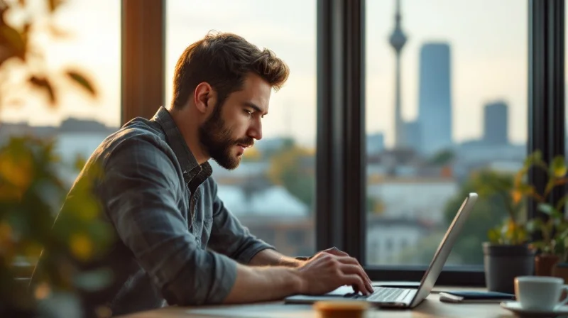 Stuttgarter Angestellter im Coworking-Space mit Laptop, im Hintergrund Stadtsilhouette mit Fernsehturm