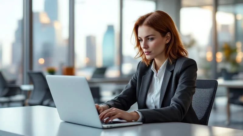 Frau arbeitet an einem Laptop in einem modernen Stuttgarter Büro mit Blick auf die Stadt