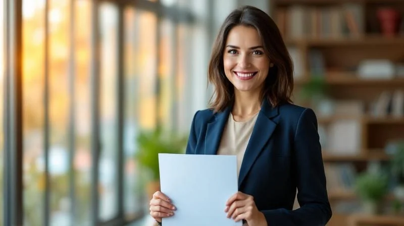 Frau haelt stolz ein IHK-Zeugnis in der Hand, heller Raum in Stuttgart