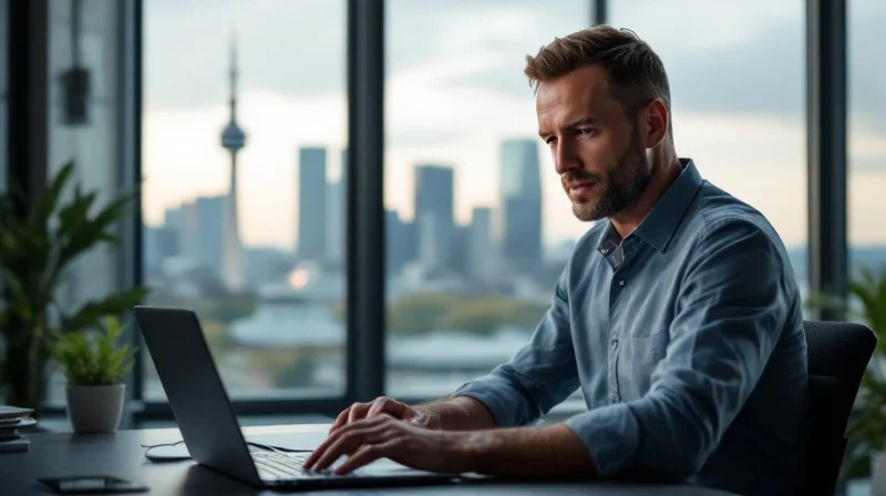 Stuttgarter Geschäftsführer im Werkbüro mit Blick auf Produktionshalle und Stadtsilhouette