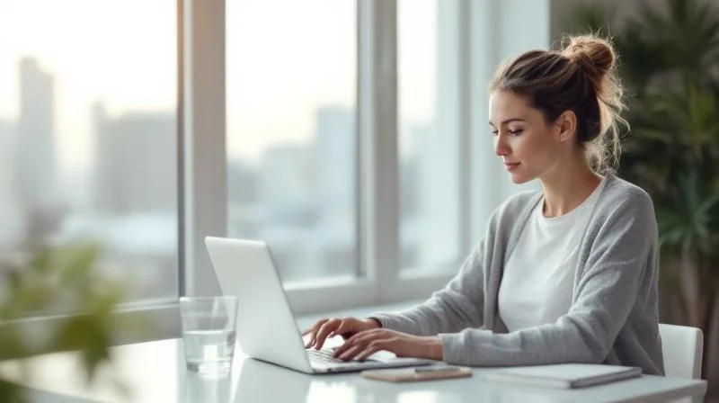 Frau arbeitet konzentriert am Laptop in einem hellen Buero in Stuttgart