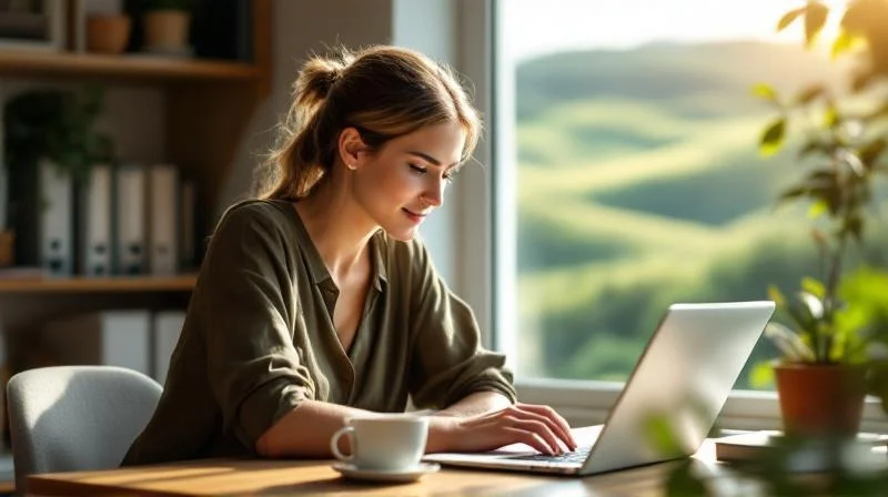Frau lernt am Laptop in einem hellen Raum mit Blick auf Stuttgarter Halbhoehenlage