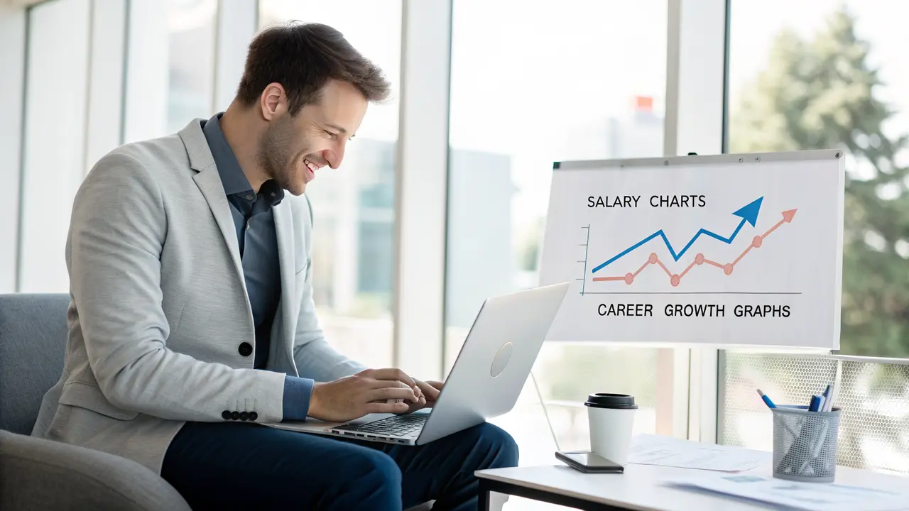 Fachkraft im Büro am Laptop mit Gehaltsauswertungen auf dem Bildschirm