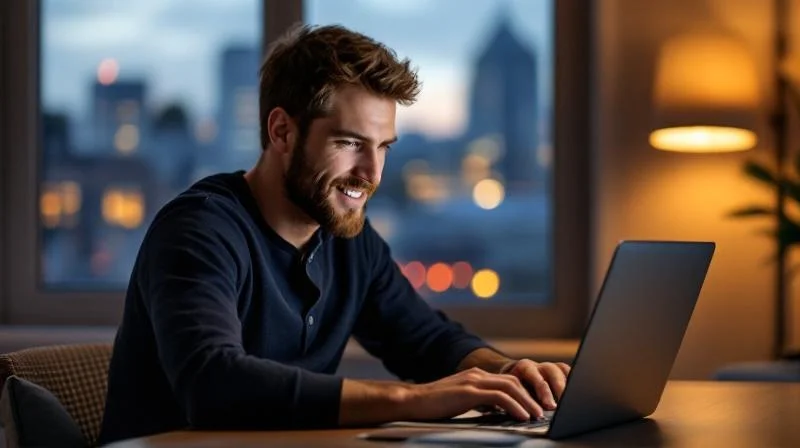 Mann lernt am Laptop in einem modernen Stuttgarter Wohnzimmer